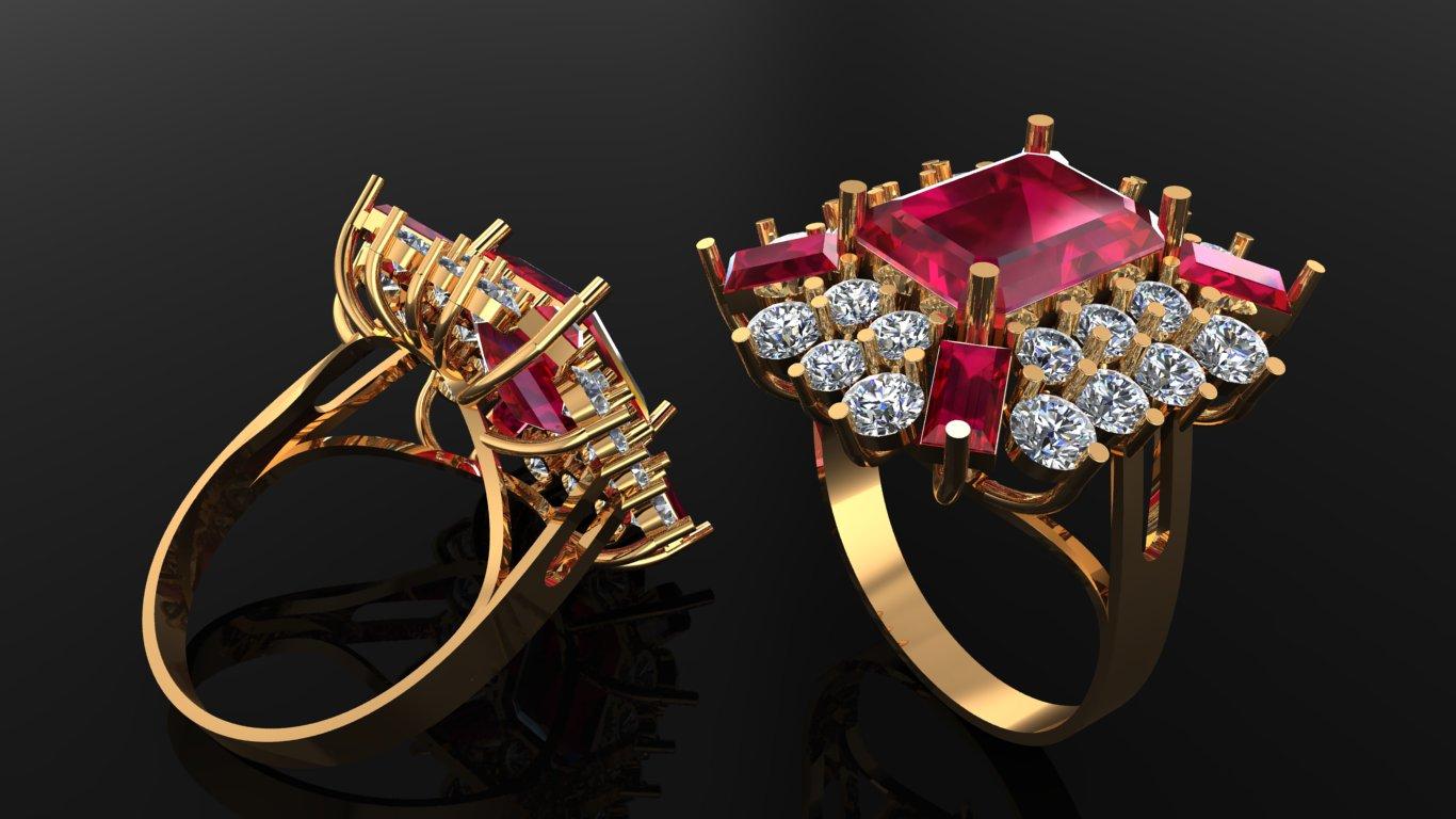 Diamond Baguette Emerald Cluster Ring 3D Model Jewelry Design