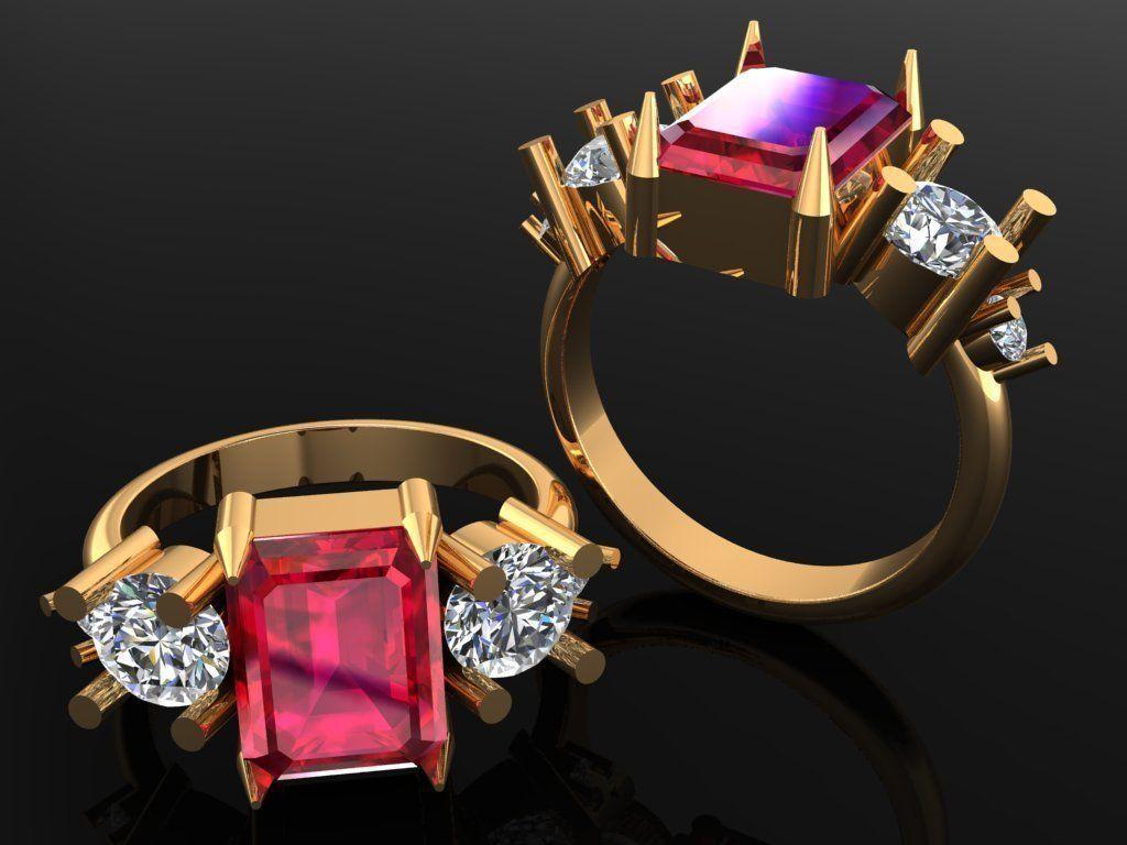 5 Stone Emerald Cut Diamond Ring 3D Model